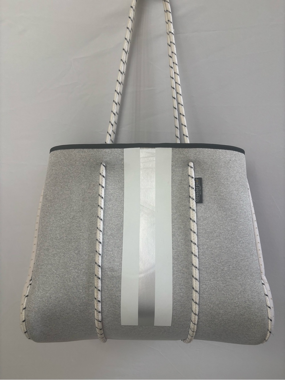 Threaded Pear Gray White Neoprene Tote Bag Rope Handles Shoulder Bag